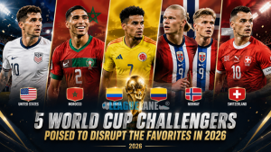 Collage of the United States, Morocco, Colombia, Norway, and Switzerland as dark-horse contenders at the 2026 FIFA World Cup.