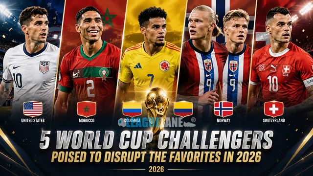Collage of the United States, Morocco, Colombia, Norway, and Switzerland as dark-horse contenders at the 2026 FIFA World Cup.